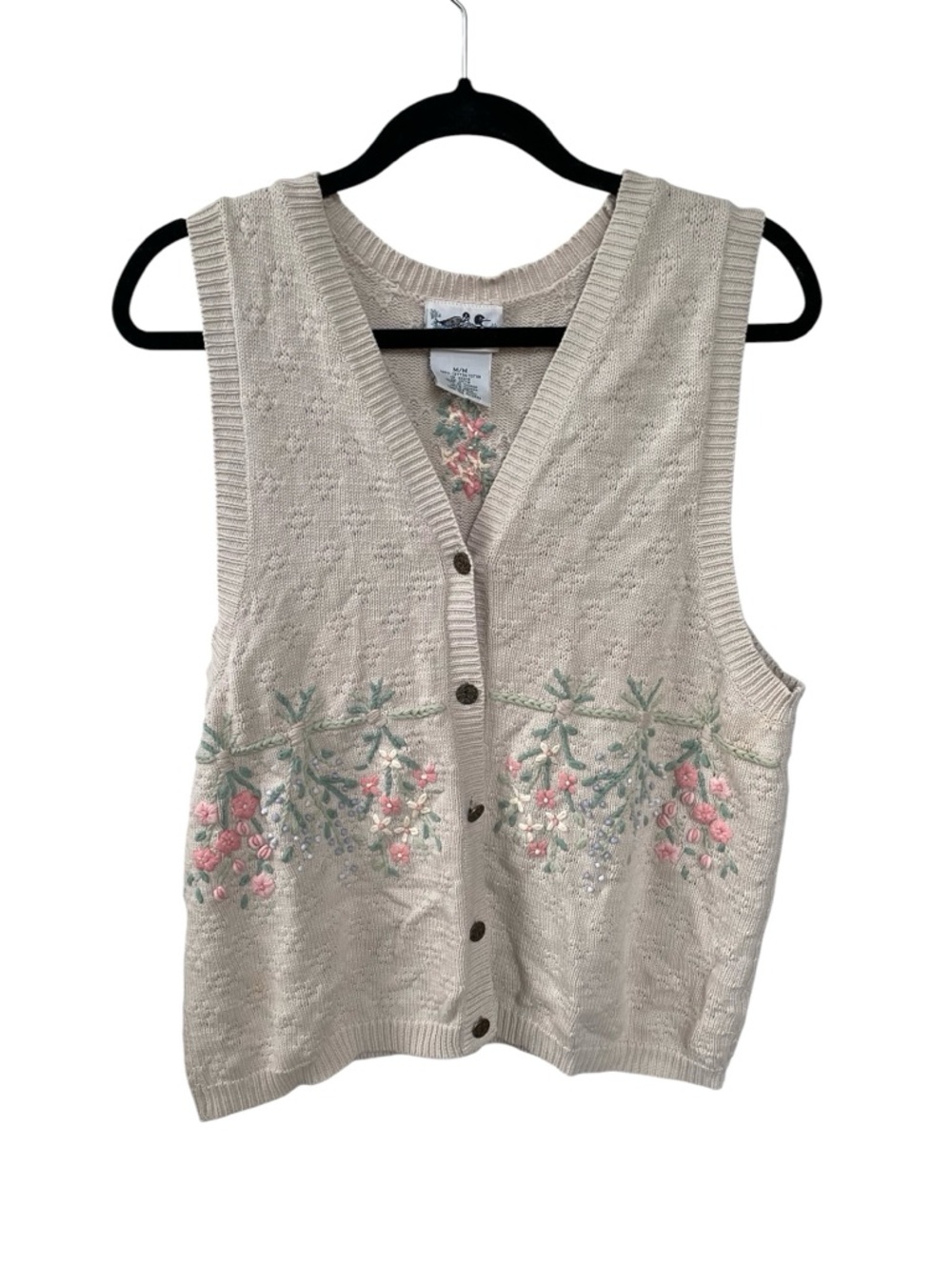 Northern Reflections Cotton Tan Knit Button Vest Floral Embroidery M
